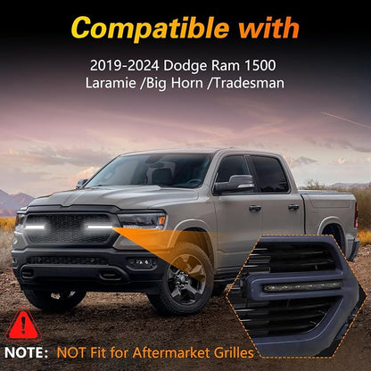 FUSCH Pair of LED Front Grill Lights Compatible with Dodge Ram 1500 Big Horn Laramie Tradesman 2019-2024, Exterior Grille Trim Lamp with Wiring Harness, Radiator Grille Light White - Smoked Lens