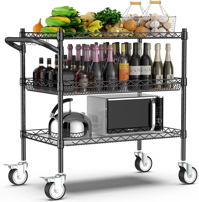 3 Tier Rolling Carts with Wheels, Heavy Duty Rolling Utility Cart | NSF Commercial Grade Metal Cart with Handle&Shelf Liner,Trolley Serving Cart for Kitchen,Restaurant,Plant Display,Black