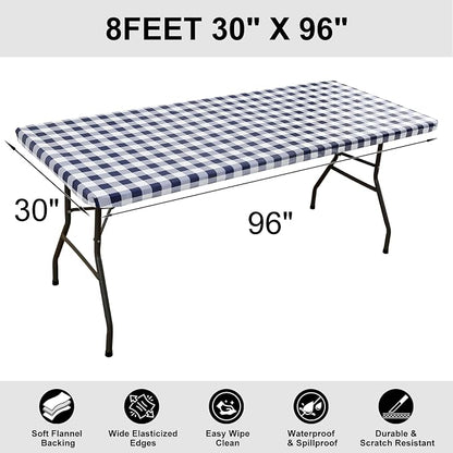Smiry Rectangle Picnic Table Cloth, Elastic Waterproof Fitted Vinyl Tablecloths, Flannel Backed Buffalo Plaid Table Covers for Dining, Camping, Outdoor (White and Navy, 30" x 96")