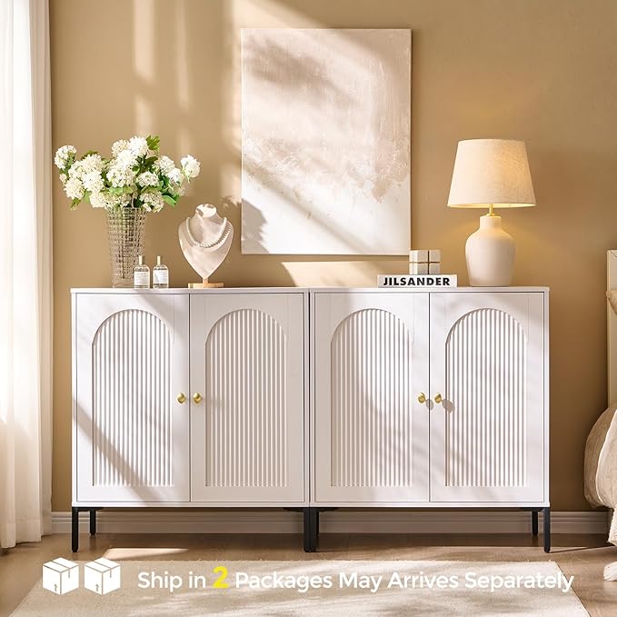 IFBUY Modern Sideboard Buffet Cabinet, 61.75" W Fluted Arched Buffet Cabinet with Storage and Adjustable Shelves, Wooden Modular Coffee Bar Cabinets for Kitchen, entryway, White.