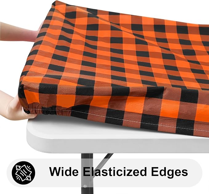 Smiry Rectangle Picnic Table Cloth, Elastic Waterproof Fitted Vinyl Tablecloths, Flannel Backed Buffalo Plaid Table Covers for Dining, Camping, Outdoor (Black and Orange, 30" x 48")