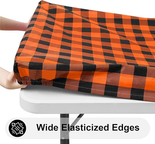 Smiry Rectangle Picnic Table Cloth, Elastic Waterproof Fitted Vinyl Tablecloths, Flannel Backed Buffalo Plaid Table Covers for Dining, Camping, Outdoor (Black and Orange, 30" x 72")