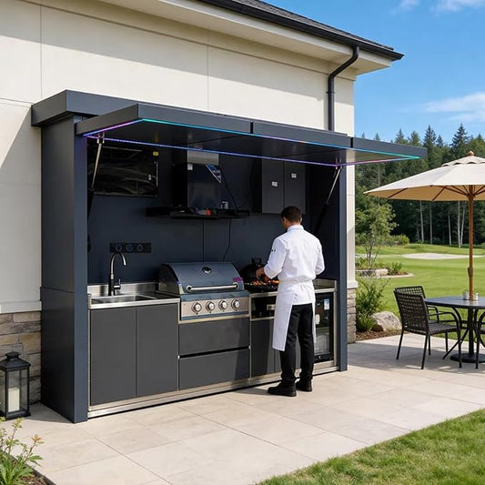 Modern Outdoor Kitchen with Automatic Lift Canopy - Integrated LED System & Smart Storage - Premium Prefab BBQ Island