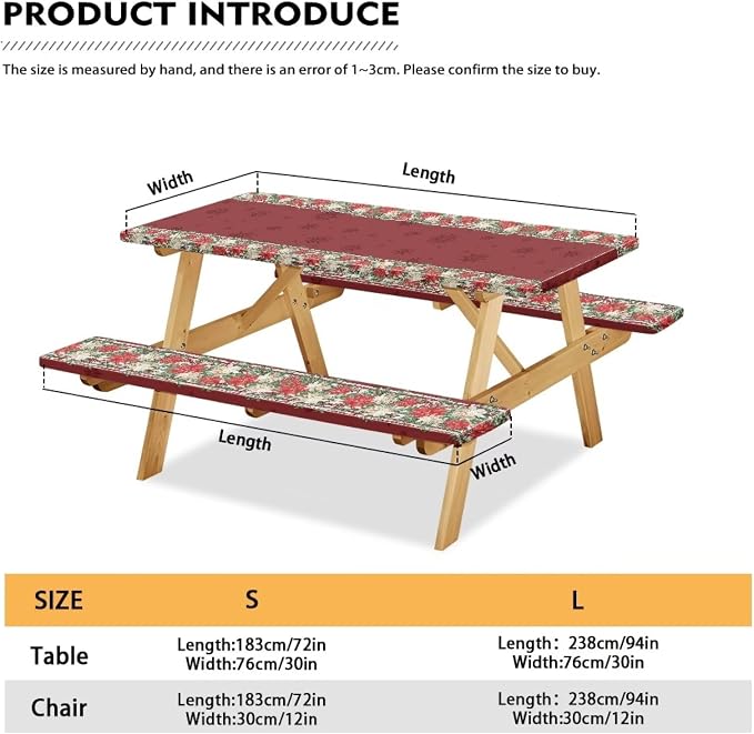 Christmas Red Flowers Outdoor Picnic Table Cover Decorations 3 PCS Set Fitted for Camping