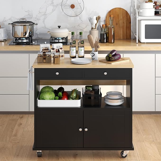 Rolling Kitchen Island with Folding Drop Leaf Breakfast Bar, 35.4'' W Kitchen Cart with Storage Cabinet and 2 Drawers, Portable Mobile Kitchen Island Table with Towel Rack, Lockable Wheels, Black