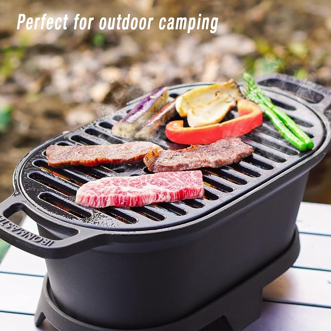 IronMaster Mini 100% Cast Iron Hibachi Grill, Tabletop Small Portable Charcoal Grill for Outdoor Camping, Japanese BBQ Grill Grate Surface 11" x 6.7" Ideal for 2 People