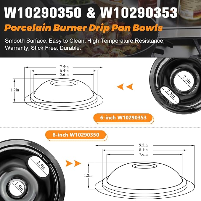 W10290350 W10290353 Porcelain Burner Drip Pan Bowls by Blutoget - Fit for Whirlpool Electric Range Stove Pans- 2 Pack 8-Inch and 2 Pack 6-Inch Pans(Black Porcelain),W10288051 Electric Stove Drip Pans