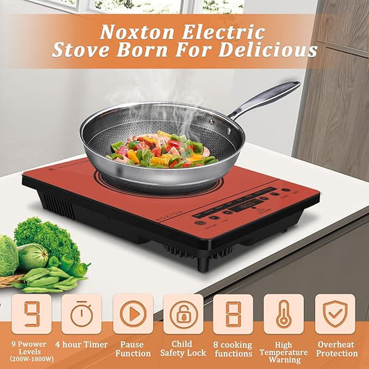 Noxton Portable Electric Stove 110V, 1800W Single Burner Electric Cooktop, Countertop Burner Electri Hot Plate, 4 Hour Timer, 9 Power Level, Child Safety Lock, Compatible with All Cookware(Red)