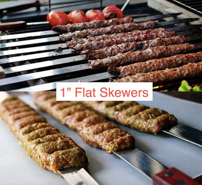 Kabob Skewers for Grilling – 1" Wide, 24" Long Flat Stainless Steel BBQ Skewers with Wood Handle | 1 FREE Skewer | Shish Kebab for Persian, Brazilian, Koubideh (12pcs)
