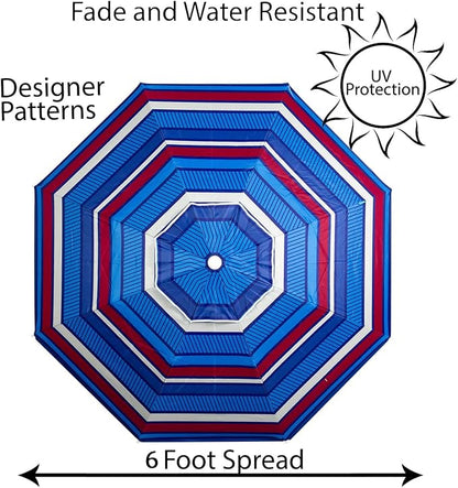 LOTTAFUN 6ft Beach Umbrella - Heavy Duty Wind Resistant UV 50+ Portable Sun Shade with Sand Anchor & Carry Bag, Outdoor Folding Umbrella for Beach, Pool, Patio, Garden (Blue color strip) No Tilt The sand needs to exceed the spiral 6inch