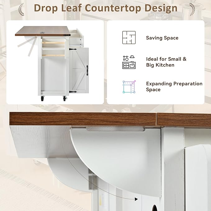 53.5''Farmhouse Kitchen Island with Power Outlet,Storage Cart W/Drop Leaf/Spice Rack/Drawer,Rolling KitchenCart on Wheels,for Home,Dining Room,White