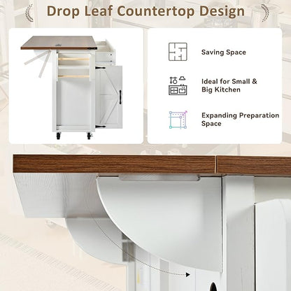 53.5''Farmhouse Kitchen Island with Power Outlet,Storage Cart W/Drop Leaf/Spice Rack/Drawer,Rolling KitchenCart on Wheels,for Home,Dining Room,White