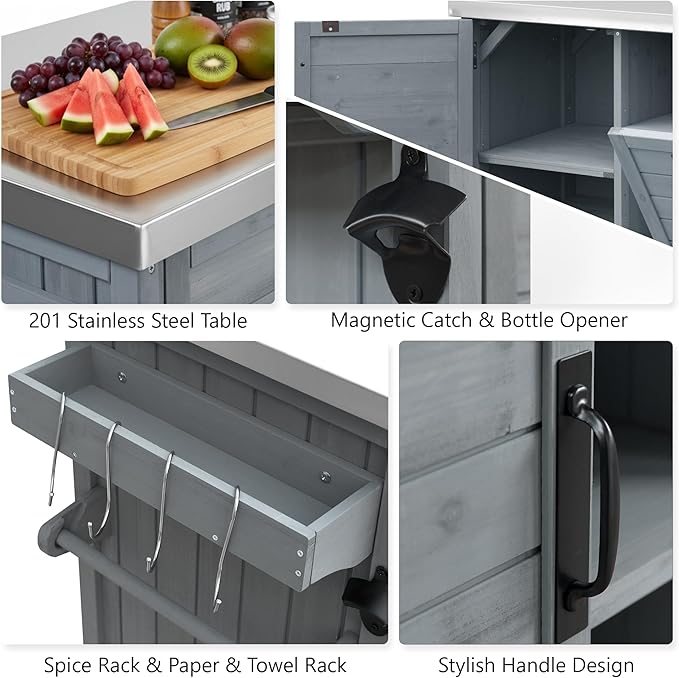 78.3" Outdoor Kitchen Island with Foldable Grill Table, Wooden Outdoor Grill Cart with Trash Can Storage & Stainless Steel Top, Outdoor Bar Cart, Pizza Oven Table for Lawn & Garden (Grey+Blue@76)