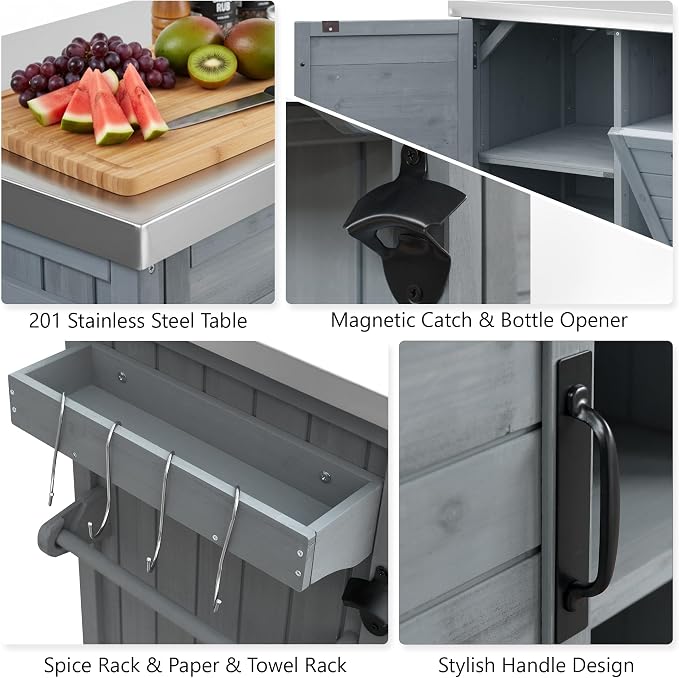 JIVOIT 78.3" Outdoor Kitchen Island with Foldable Table, Wooden Outdoor Grill Cart with Trash Can Storage & Stainless Steel Top, Adjustable Shelf, Spice Rack, Modular Towel, Paper Rack