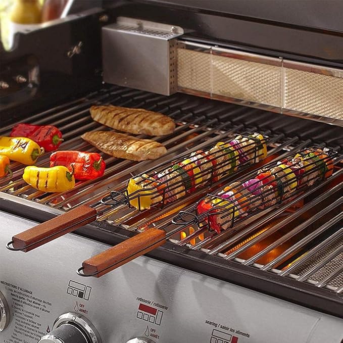 Outset Non-Stick Kabob Grill Basket, Set of 4 19.5" x 2" x 1.5" BBQ Baskets | Easily Make Kabob Skewers On The Grill | Set of 4 Durable Carbon Steel Grill Baskets With Wood Handles | Barbeque Essentials