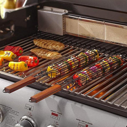 Outset Non-Stick Kabob Grill Basket, Set of 4 19.5" x 2" x 1.5" BBQ Baskets | Easily Make Kabob Skewers On The Grill | Set of 4 Durable Carbon Steel Grill Baskets With Wood Handles | Barbeque Essentials