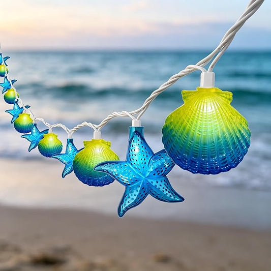 8.5Ft Beach Themed Seashell String Lights, 10L LED Starfish Seashell Lights Plug in for Boho Coastal Bedroom Seashell Party Nautical Party Holiday Decor, Indoor Outdoor