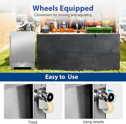 FoMup Outdoor Refrigerator 24 Inch, Undercounter Beverage Fridge with Wheels, 180 Cans Waterproof Stainless Steel Fridge for Outdoor Kitchen and Patio