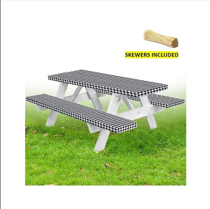 LINPRO Premium Picnic Table Cover with Bench Covers Vinyl Fitted Elastic RV Camping Accessories and Camper Must Haves Waterproof (Black Gingham, 72 x 30 (6ft) with skewers