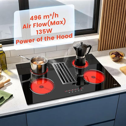 Hobsir Electric Cooktop 30 Inch with Downdraft, 4 Burner Radiant Cook top 6000W, Ductless Downdraft Electric Cooktop 496m³/h, 30” Stove Top with 9 Power Level, Timer, Safety Lock, 220V