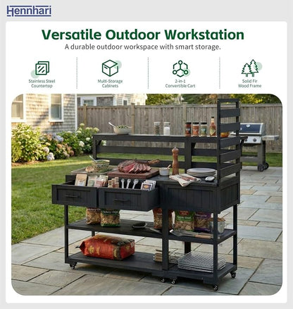 62.3'' Outdoor Kitchen Island with Stainless Steel Top and Raised Shelf, Potting Bench with Drawers and Wheels, Grill Prep Table for BBQ, Patio, Party (Black)