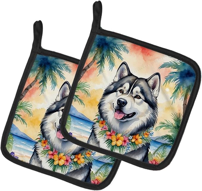 Caroline's Treasures Alaskan Malamute Luau Pair of Pot Holders Kitchen Heat Resistant Pot Holders Sets Oven Hot Pads for Cooking Baking BBQ, 7 1/2 x 7 1/2