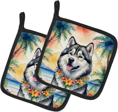 Caroline's Treasures Alaskan Malamute Luau Pair of Pot Holders Kitchen Heat Resistant Pot Holders Sets Oven Hot Pads for Cooking Baking BBQ, 7 1/2 x 7 1/2