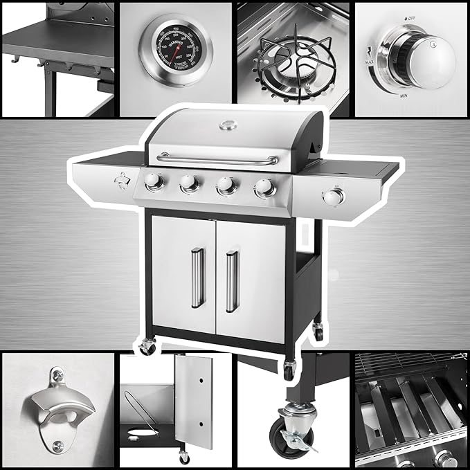 Kendane 4-Burner Propane Gas BBQ Grill with Side Burner, Barbecue Gas Grill with Enameled Cast Iron Grates for Outdoor Patio Garden Barbecue, 53,000 BTU, Stainless Steel Grill Cover included