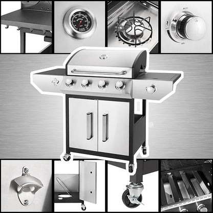 Kendane 4-Burner Propane Gas BBQ Grill with Side Burner, Barbecue Gas Grill with Enameled Cast Iron Grates for Outdoor Patio Garden Barbecue, 53,000 BTU, Stainless Steel Grill Cover included