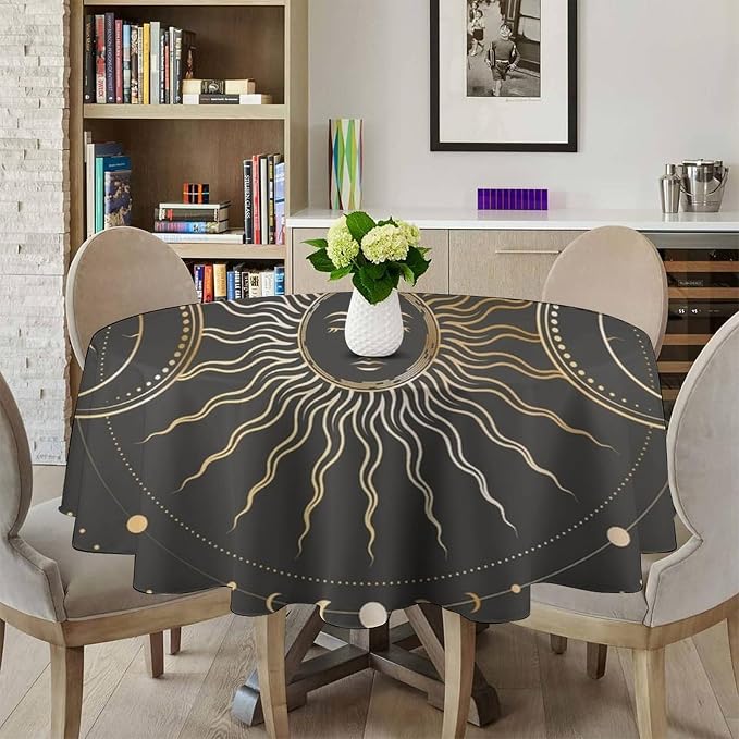 Vintage Sun Round Tablecloth Boho Celestial Star Magical Galaxy Space Moon Phases Table Cloth Water Resistant Wipeable Table Cover for Farmhouse Picnic Party Holiday Kitchen Dinner Table 70"