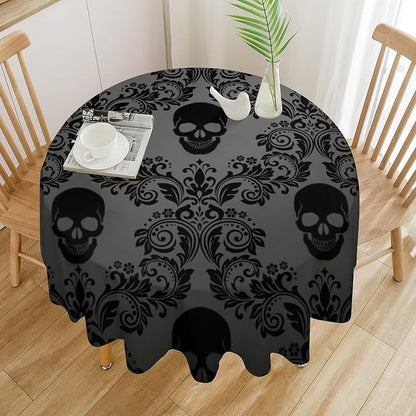 Gothic Black Damask Round Tablecloth, Vintage Floral Exotic Suger Skull Bohemian Antique Victorian Table Cloth Water Resistant Table Cover for Farmhouse Party Holiday Kitchen Dinner Table 50"