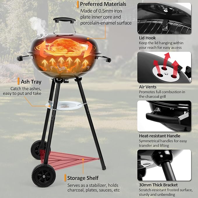 18 inch Charcoal Grills with Griddle Accessories, 4 Pack Basting Cover for Griddle, Portable Kettle Grills for Outdoor, Round BBQ Grill with Cover