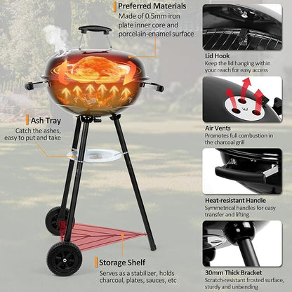 18 inch Charcoal Grills with Griddle Accessories, 4 Pack Basting Cover for Griddle, Portable Kettle Grills for Outdoor, Round BBQ Grill with Cover