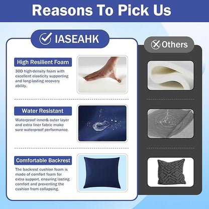 IASEAHK Outdoor Seat Cushion Set, Waterproof & Fade Resistant Patio Chair Cushions, Outdoors Cushion for Patio Furniture, 24 x 24 x 4 Inch, Outdoor Couch Cushions with Handle and Ties, Navy Blue