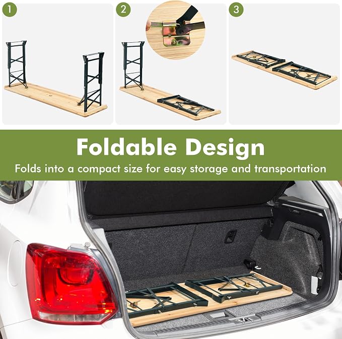 5.5FT Folding Picnic Beer Table, Outdoor Camping Table with Umbrella Hole & 2 Adjustable Heights, Heavy Duty Metal Frame & Solid Wood Top, Portable Picnic Table for Patio, Garden, Backyard