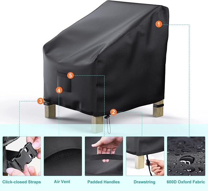 2 Pack Outdoor Patio Chair Covers Waterproof 40"Wx40"Dx36"H, Black | Patio Furniture Covers Protect from Rain, Dust & UV; Heavy-Duty Oxford Fits Lounge, Deep Seat & High Back Chairs on Lawns