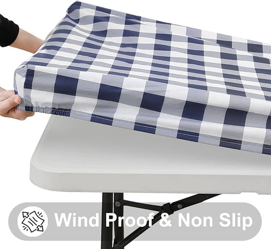 Smiry Rectangle Picnic Table Cloth, Elastic Waterproof Fitted Vinyl Tablecloths, Flannel Backed Buffalo Plaid Table Covers for Dining, Camping, Outdoor (White and Navy, 36" x 96")