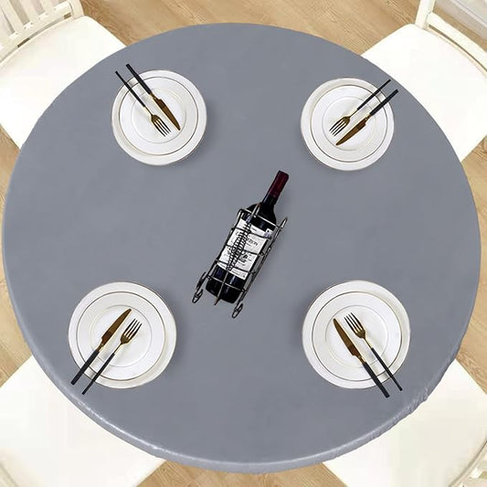 LUSHVIDA Round Waterproof Table Cover Elastic Vinyl Fitted Tablecloth Elastic Edged Plastic Table Cloth (Silver Grey, Best for Up to 36"-44" Round)