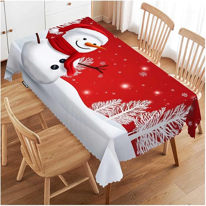 Swono Snowman Table Cloth Christmas Snowman Snowflake Winter Red Rectangle Tablecloth Picnic Tablecloth BBQ Table Cloths Polyester for Kitchen 50x72 Inch