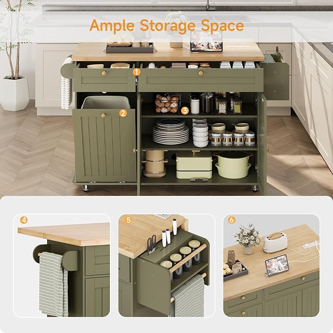 ComfyCorner 60" Rolling Large Kitchen Island on Wheels with Extendable Table, Drop Leaf & Power Outlet, Mobile Kitchen Cart with Storage Cabinet, 2 Drawers, Spice Rack, Towel & Knife Holder, Green
