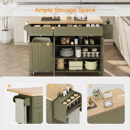 ComfyCorner 60" Rolling Large Kitchen Island on Wheels with Extendable Table, Drop Leaf & Power Outlet, Mobile Kitchen Cart with Storage Cabinet, 2 Drawers, Spice Rack, Towel & Knife Holder, Green