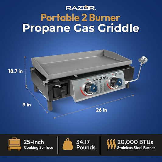 Razor Griddle GGT2130M 25 Inch Outdoor 2 Burner Portable LP Propane Gas Grill Griddle with 318 Square Inch for BBQ Cooking and Frying, Black (Steel)