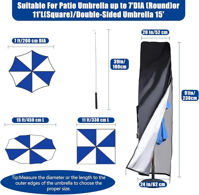 420D Waterproof Outdoor Patio Umbrella Cover with Top Vent,Push Rod,Waterproof Zipper,Parasol Cover,Outdoor Umbrella Cover fits 7 to 11 Ft Garden Outdoor Umbrellas & 15 Ft Double-Sided Umbrellas