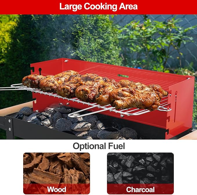 Charcoal Grill, Outdoor BBQ Portable Grill with Side Table and Wheel, Folding Grill for Outdoor Cooking Camping Garden (Red)