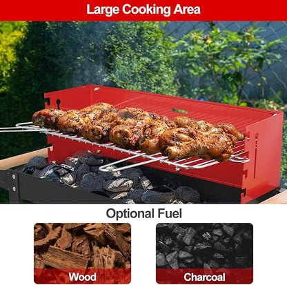 Charcoal Grill, Outdoor BBQ Portable Grill with Side Table and Wheel, Folding Grill for Outdoor Cooking Camping Garden (Red)