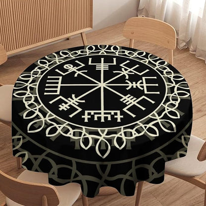 Vintage Viking Pattern Round Tablecloth, Viking Ancient Runic Scandinavian Celtic Seasonal Table Cloth Waterproof Wipeable Table Cover for Picnic Holiday Party Kitchen Dining 50"