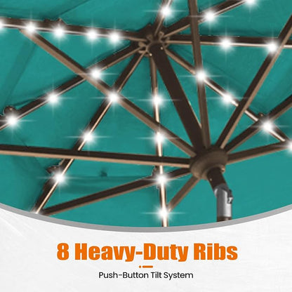 EliteShade USA 10-Year-Non-Fading 10ft 3-Tier Market Patio Umbrella, Commercial Table Umbrella with 80 Solar LED Lights, Crank Open, Windproof & UPF 50+ UV Protection for Garden, Deck, Pool, Backyard, Teal