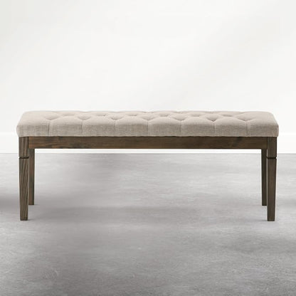 SIMPLIHOME Waverly Tufted Ottoman Bench - 48 inch Wide Upholstered Linen Look Fabric Rectangle Footstool Ottoman in Wheat Beige, Traditional Bench for Entryway or Living Room with Carved Legs