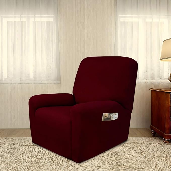 PureFit Stretc Recliner Chair Covers Fleece Soft Couch Covers for Sofa | Wine 4-Pieces Recliner Slipcover Pocket Couch Protector, Fleece Sofa Cover Washable with Non Slip Elastic Bottom