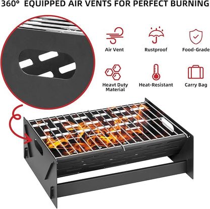 12" Foldable Portable Camping Charcoal Grill - Rust-Resistant Compact Tabletop Grill with Detachable Grate & Quick Assembly for Outdoor Cooking BBQ Smokes Beach Patio Backyard
